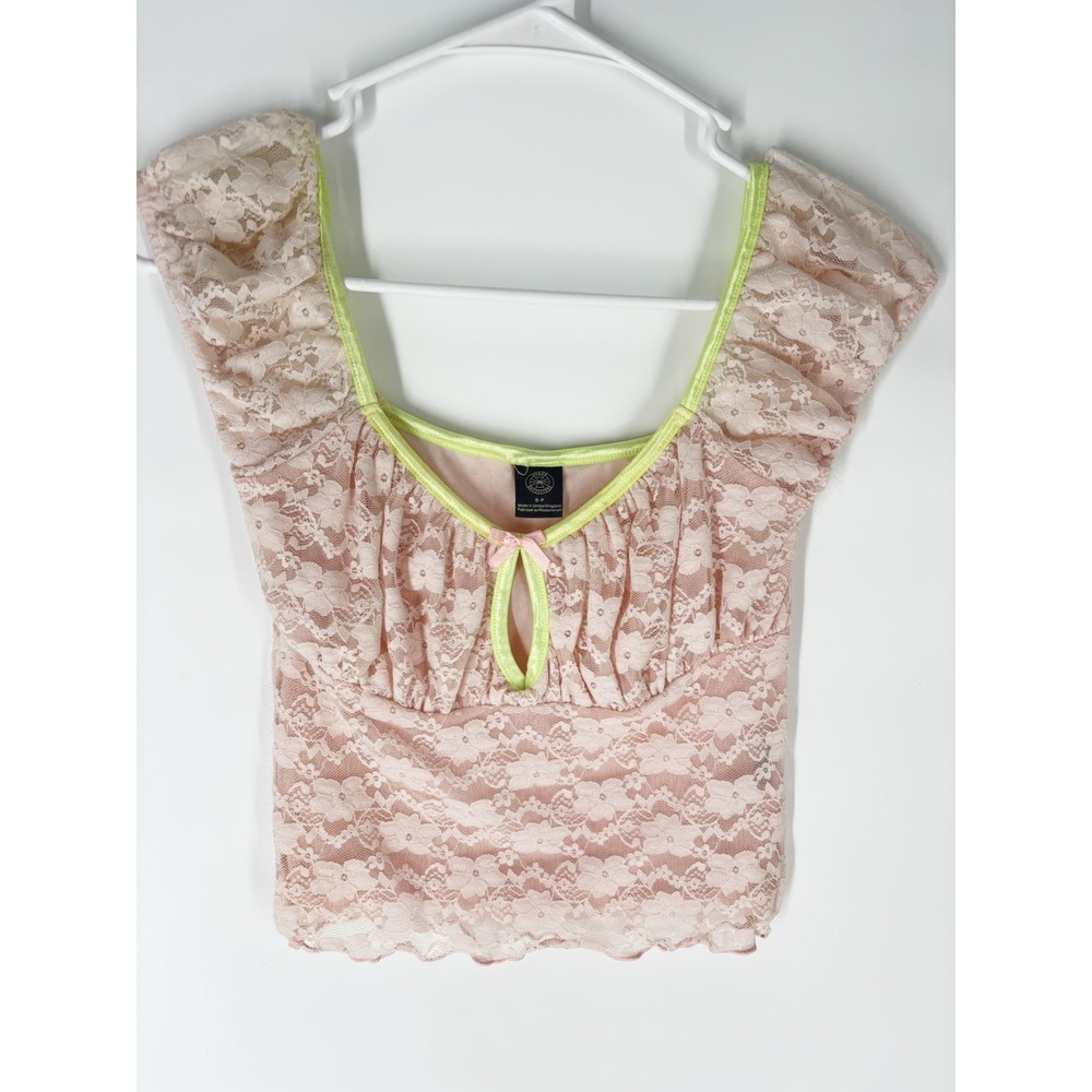 Urban Outfitters Womens Sheer Pink Lace Cropped Top S Milkmaid Coquette Pastel